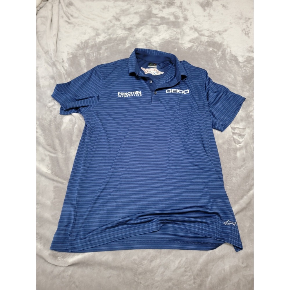 Greg Norman ML75 Polo Shirt Large‎ Golf Short Sleeve Blue Stripe Geico, Big Logo